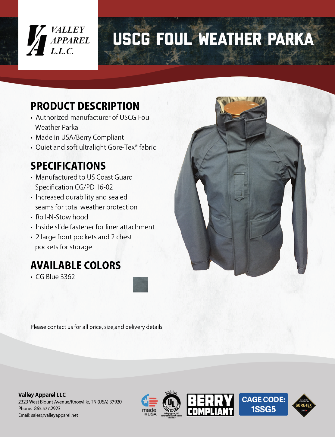 USCG Foul Weather Parka | Valley Apparel LLC